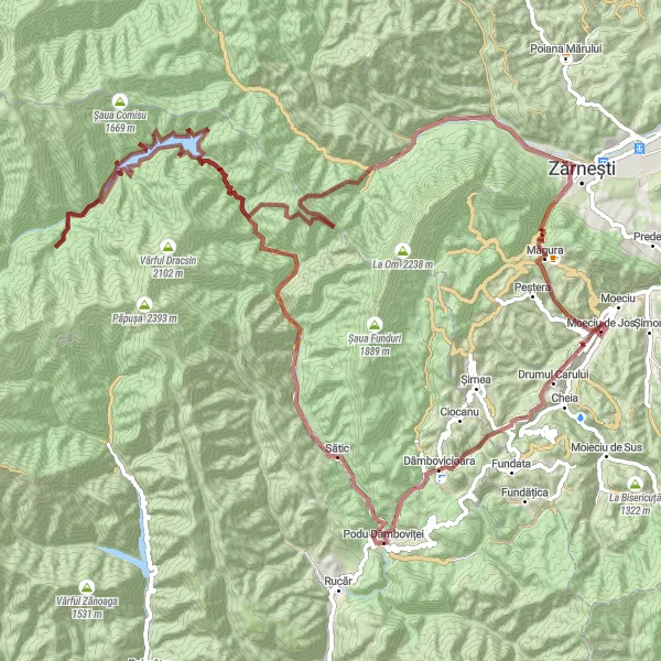 Map miniature of "Moeciu de Jos - Moeciu de Jos Epic Gravel Adventure" cycling inspiration in Centru, Romania. Generated by Tarmacs.app cycling route planner