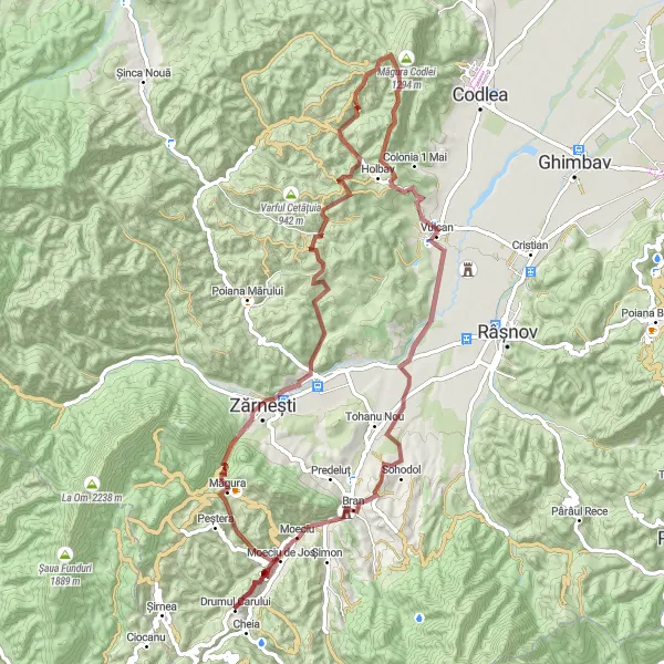 Map miniature of "Moeciu de Jos to Drumul Carului" cycling inspiration in Centru, Romania. Generated by Tarmacs.app cycling route planner