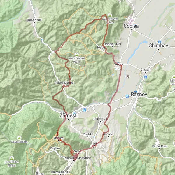 Map miniature of "Moeciu de Jos to Bran" cycling inspiration in Centru, Romania. Generated by Tarmacs.app cycling route planner