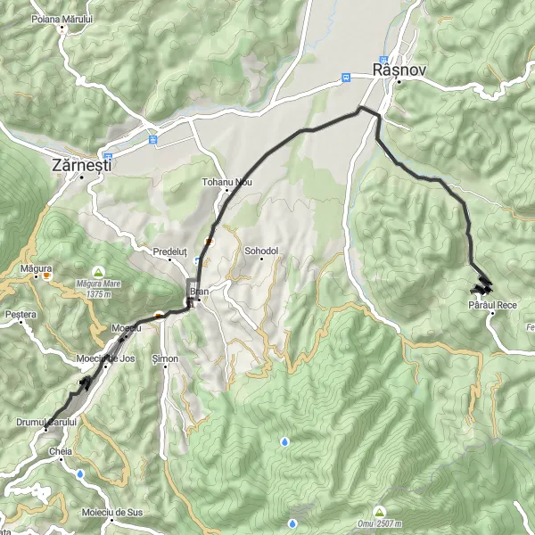 Map miniature of "Moeciu de Jos to Pârâul Rece" cycling inspiration in Centru, Romania. Generated by Tarmacs.app cycling route planner