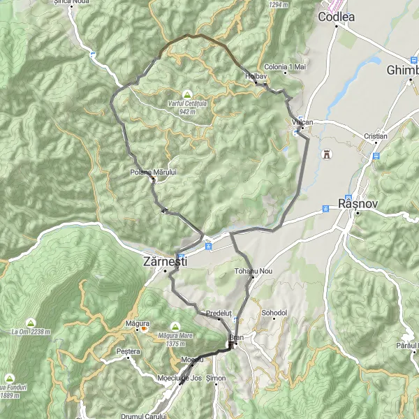 Map miniature of "Moeciu de Jos - Holbav Road Ride" cycling inspiration in Centru, Romania. Generated by Tarmacs.app cycling route planner