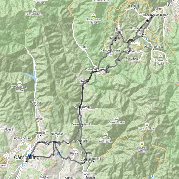 Map miniature of "Moeciu de Jos Loop" cycling inspiration in Centru, Romania. Generated by Tarmacs.app cycling route planner