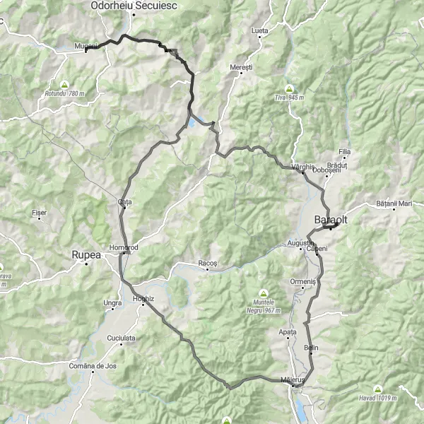 Map miniature of "Road Adventure around Mugeni" cycling inspiration in Centru, Romania. Generated by Tarmacs.app cycling route planner