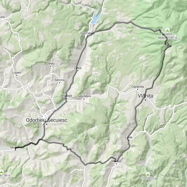 Map miniature of "Mountain Escape from Mugeni" cycling inspiration in Centru, Romania. Generated by Tarmacs.app cycling route planner