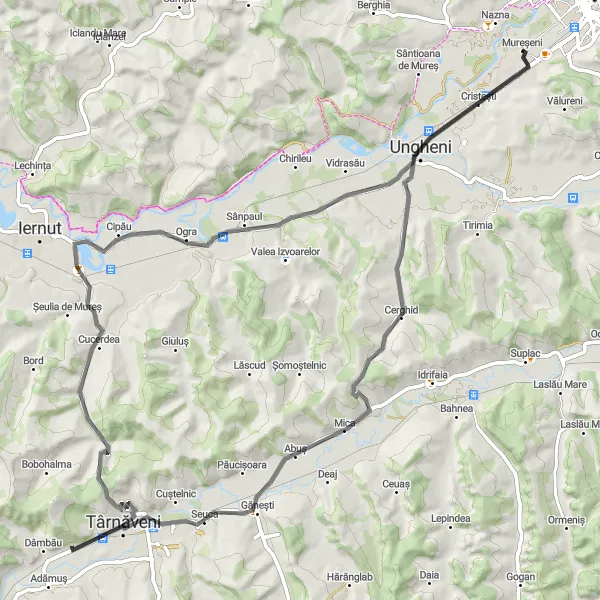 Map miniature of "Mureșeni to Cristești" cycling inspiration in Centru, Romania. Generated by Tarmacs.app cycling route planner