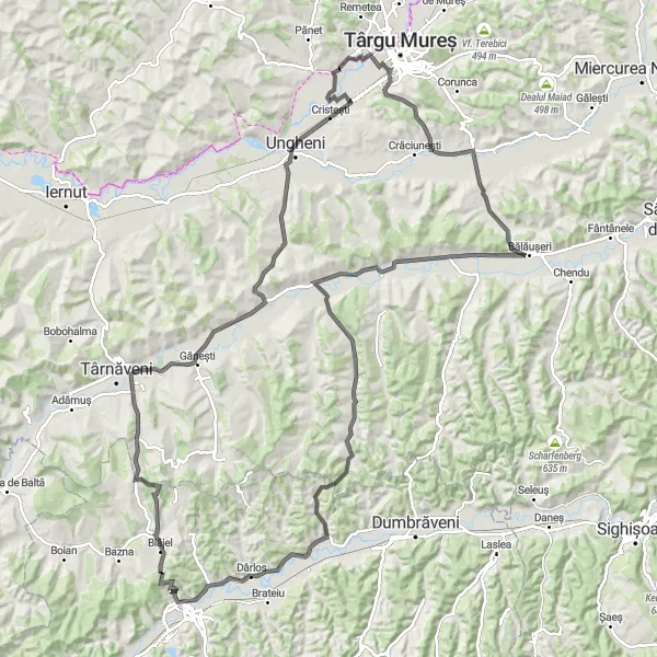 Map miniature of "The Mureș Valley Adventure" cycling inspiration in Centru, Romania. Generated by Tarmacs.app cycling route planner