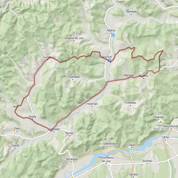 Map miniature of "Rural Escape" cycling inspiration in Centru, Romania. Generated by Tarmacs.app cycling route planner