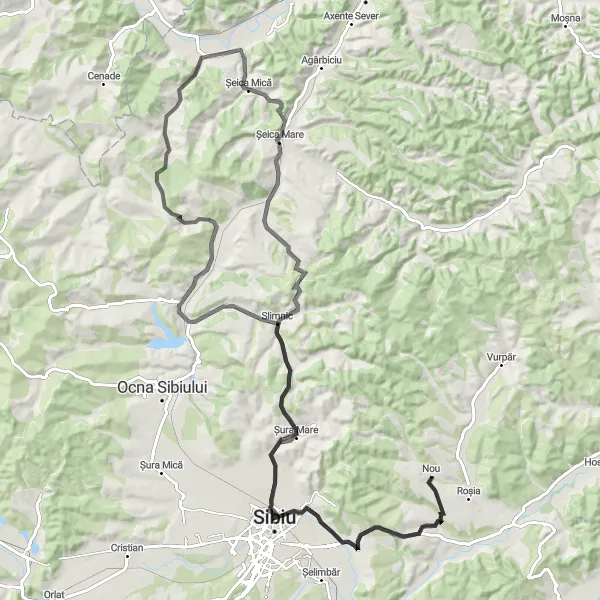 Map miniature of "Road to the Peaks" cycling inspiration in Centru, Romania. Generated by Tarmacs.app cycling route planner