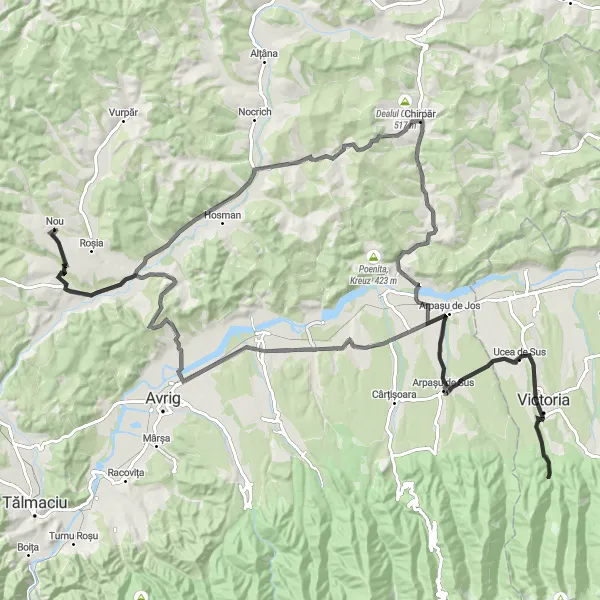 Map miniature of "Nou - Daia - Marpod - Chirpar - Arpasu de Sus - Victoria - Cornatel - Nou" cycling inspiration in Centru, Romania. Generated by Tarmacs.app cycling route planner