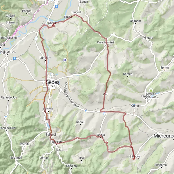 Map miniature of "Gravel Escapade: Cut to Lancrăm" cycling inspiration in Centru, Romania. Generated by Tarmacs.app cycling route planner