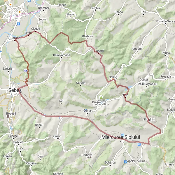 Map miniature of "Wild Gravel Escape" cycling inspiration in Centru, Romania. Generated by Tarmacs.app cycling route planner