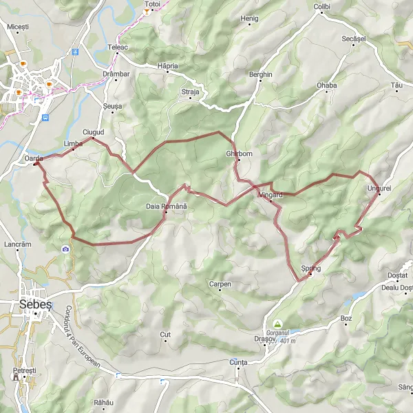 Map miniature of "Ghirbom to Red Ravine Gravel Adventure" cycling inspiration in Centru, Romania. Generated by Tarmacs.app cycling route planner