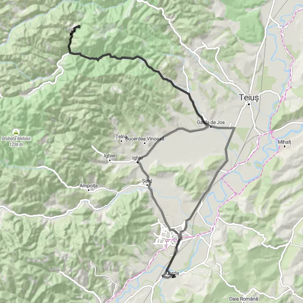 Map miniature of "Centru Loop via Ighiu, Modolești and Galda" cycling inspiration in Centru, Romania. Generated by Tarmacs.app cycling route planner