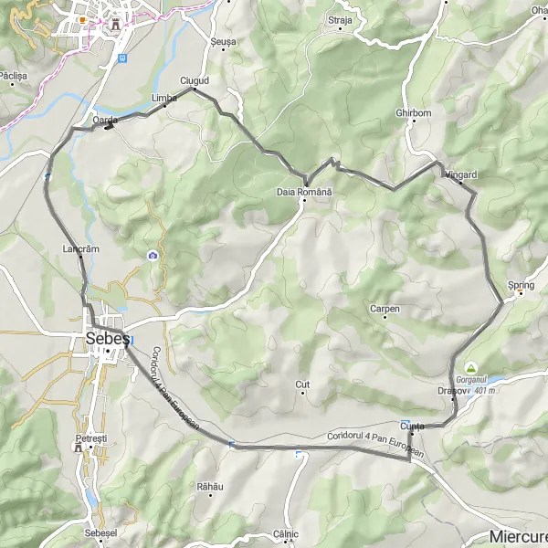 Map miniature of "Scenic Ride to Vingard and Sebeș" cycling inspiration in Centru, Romania. Generated by Tarmacs.app cycling route planner