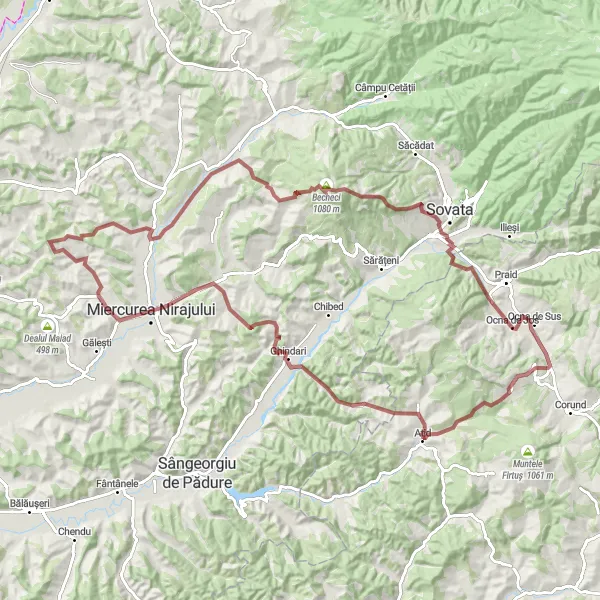 Map miniature of "Ultimate Gravel Challenge: Eremieni and Șilea Nirajului" cycling inspiration in Centru, Romania. Generated by Tarmacs.app cycling route planner