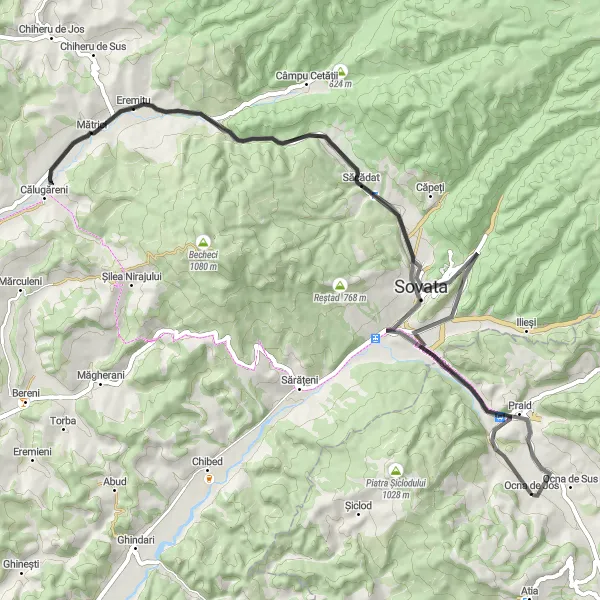 Map miniature of "From Salina Praid to Sovata" cycling inspiration in Centru, Romania. Generated by Tarmacs.app cycling route planner