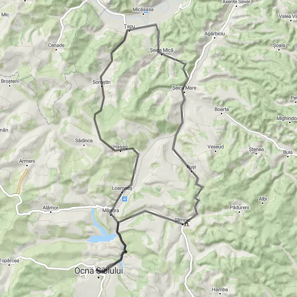 Map miniature of "Loamneș Circuit" cycling inspiration in Centru, Romania. Generated by Tarmacs.app cycling route planner