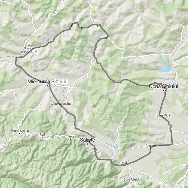 Map miniature of "Sibiel Century Road Challenge" cycling inspiration in Centru, Romania. Generated by Tarmacs.app cycling route planner