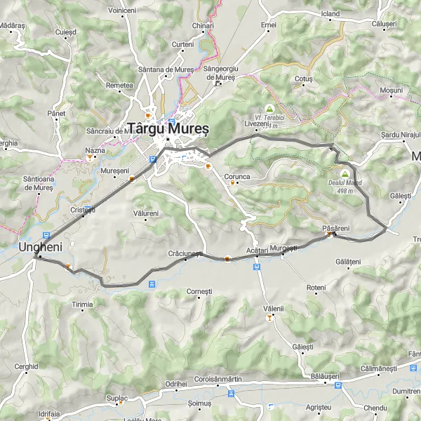 Map miniature of "Păsăreni to Crăciunești Loop" cycling inspiration in Centru, Romania. Generated by Tarmacs.app cycling route planner