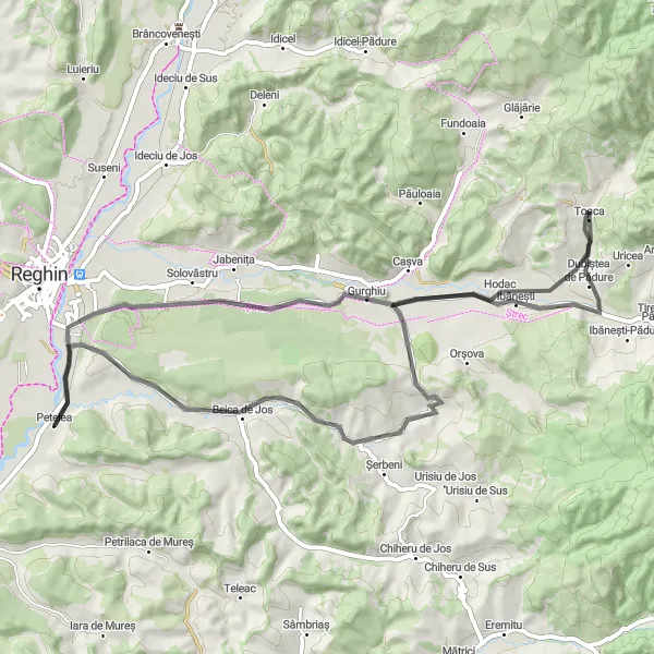 Map miniature of "The Gurghiu Loop" cycling inspiration in Centru, Romania. Generated by Tarmacs.app cycling route planner