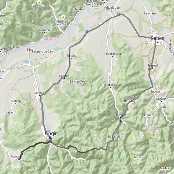 Map miniature of "Romoșel Rollercoaster" cycling inspiration in Centru, Romania. Generated by Tarmacs.app cycling route planner