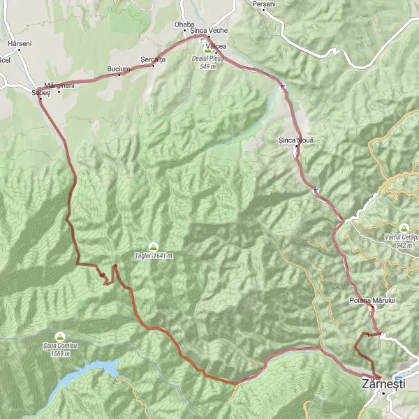 Map miniature of "The Zărnești and Șinca Nouă Loop" cycling inspiration in Centru, Romania. Generated by Tarmacs.app cycling route planner