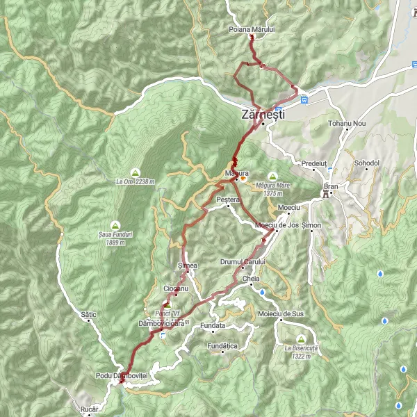 Map miniature of "La Grui, Măgura, Ciocanu, Gâlma Danciului, Crucea de pe Stâncă, Podu Dâmboviței, Drumul Carului, and Zărnești Gravel Cycling Route" cycling inspiration in Centru, Romania. Generated by Tarmacs.app cycling route planner