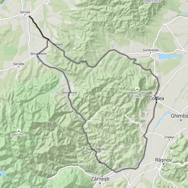 Map miniature of "Șinca Nouă, Dealul Pleșu, Perșani, Vlădeni, Codlea, and Vulcan Road Cycling Route" cycling inspiration in Centru, Romania. Generated by Tarmacs.app cycling route planner