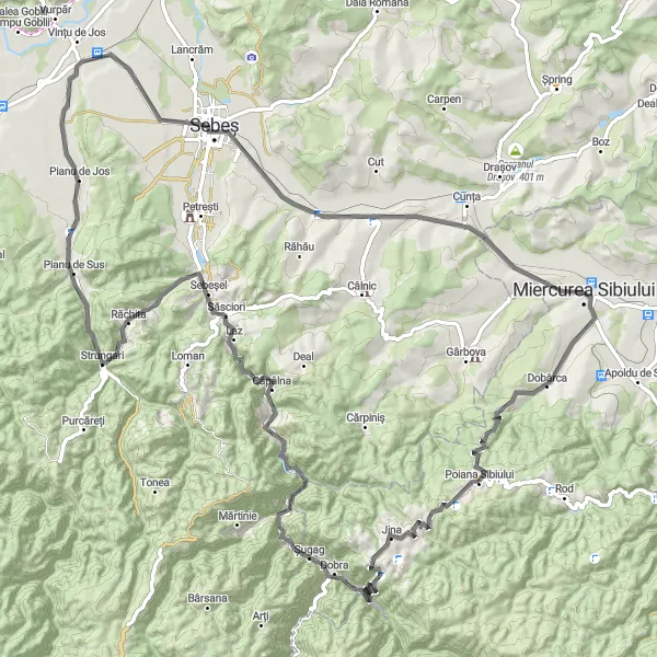 Map miniature of "Journey to Miercurea Sibiului" cycling inspiration in Centru, Romania. Generated by Tarmacs.app cycling route planner