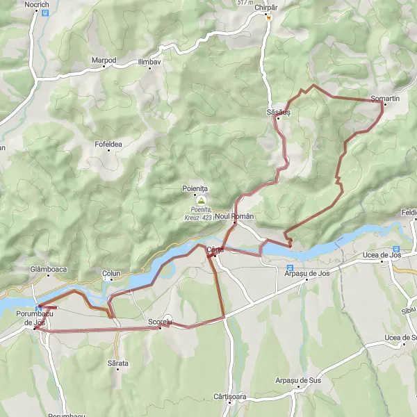 Map miniature of "Cârța and Săsăuș Gravel Adventure" cycling inspiration in Centru, Romania. Generated by Tarmacs.app cycling route planner