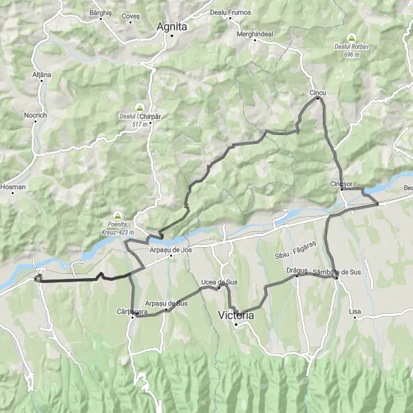 Map miniature of "Scenic Road Cycling Adventure" cycling inspiration in Centru, Romania. Generated by Tarmacs.app cycling route planner