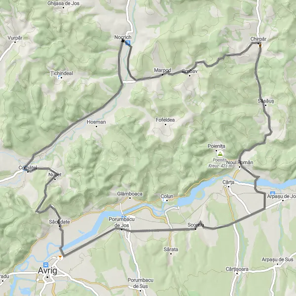 Map miniature of "Nucet and Nocrich scenic road loop" cycling inspiration in Centru, Romania. Generated by Tarmacs.app cycling route planner