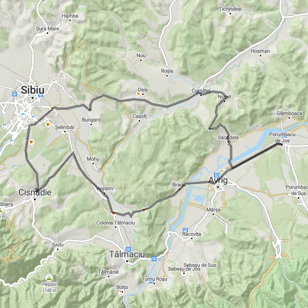 Map miniature of "Road Less Traveled" cycling inspiration in Centru, Romania. Generated by Tarmacs.app cycling route planner