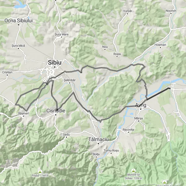 Map miniature of "Discovering the Beautiful Countryside" cycling inspiration in Centru, Romania. Generated by Tarmacs.app cycling route planner