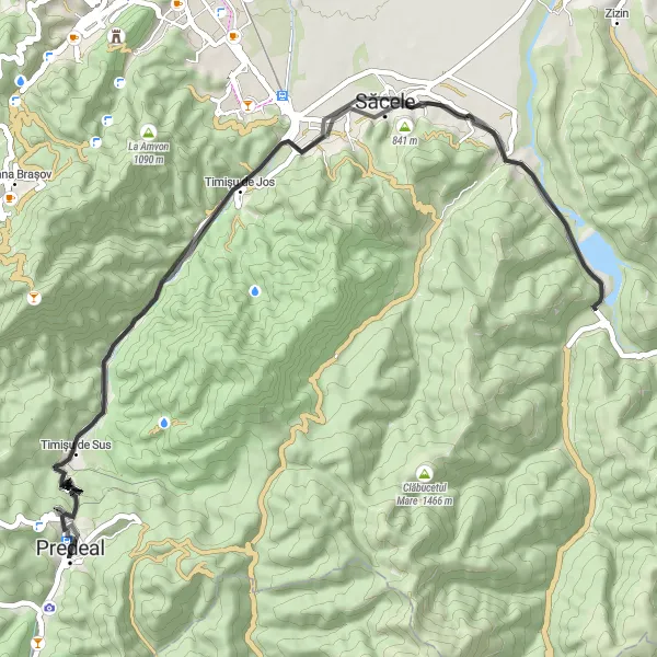 Map miniature of "Picturesque Roads of Timișu de Sus" cycling inspiration in Centru, Romania. Generated by Tarmacs.app cycling route planner