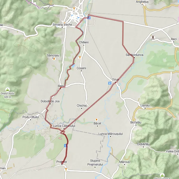 Map miniature of "Prejmer to Ilieni Gravel Loop" cycling inspiration in Centru, Romania. Generated by Tarmacs.app cycling route planner