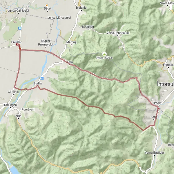 Map miniature of "Prejmer to Budila Gravel Loop" cycling inspiration in Centru, Romania. Generated by Tarmacs.app cycling route planner