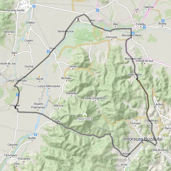 Map miniature of "Prejmer to Întorsura Buzăului Loop" cycling inspiration in Centru, Romania. Generated by Tarmacs.app cycling route planner