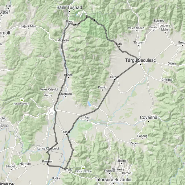 Map miniature of "Prejmer to Turia Loop" cycling inspiration in Centru, Romania. Generated by Tarmacs.app cycling route planner