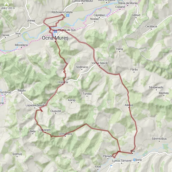 Map miniature of "Gravel Adventure through Mureș Valley" cycling inspiration in Centru, Romania. Generated by Tarmacs.app cycling route planner