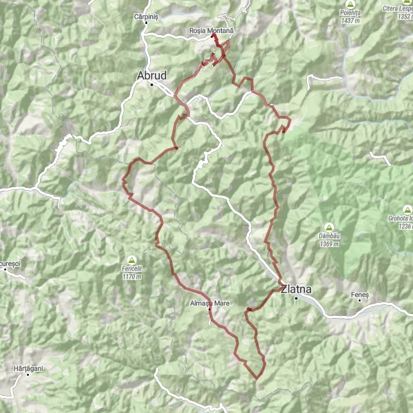 Map miniature of "Roșia Montană Adventure Challenge" cycling inspiration in Centru, Romania. Generated by Tarmacs.app cycling route planner