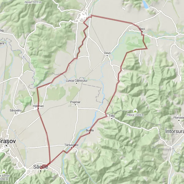 Map miniature of "The Hărman Loop" cycling inspiration in Centru, Romania. Generated by Tarmacs.app cycling route planner