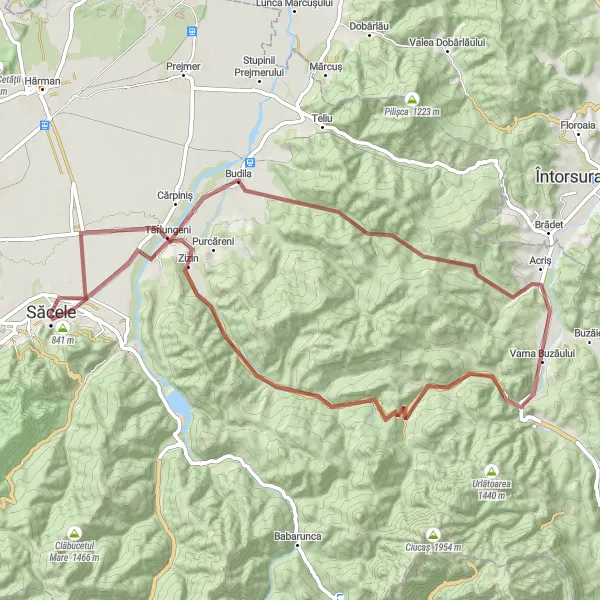 Map miniature of "Gravel Adventure through Zizin" cycling inspiration in Centru, Romania. Generated by Tarmacs.app cycling route planner