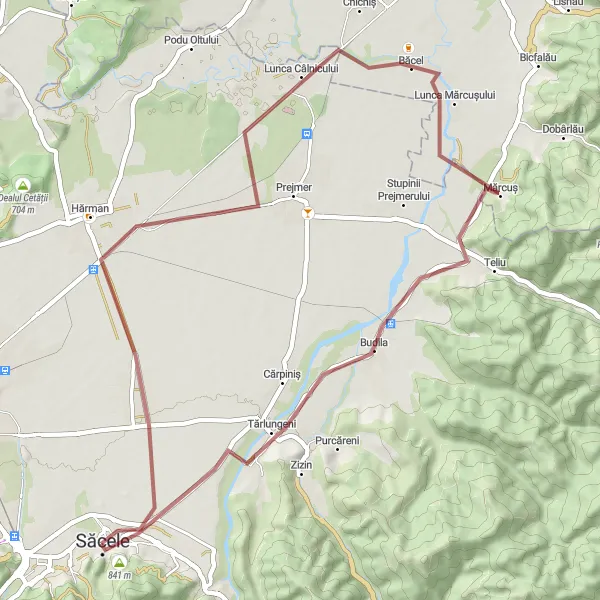 Map miniature of "Lunca Mărcușului Loop" cycling inspiration in Centru, Romania. Generated by Tarmacs.app cycling route planner