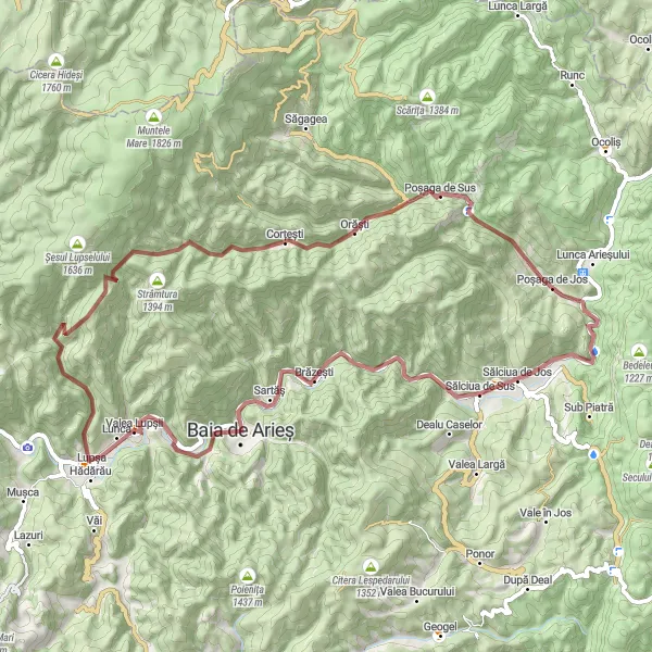 Map miniature of "Off the Beaten Path: Gravel Adventure in the Apuseni Mountains" cycling inspiration in Centru, Romania. Generated by Tarmacs.app cycling route planner