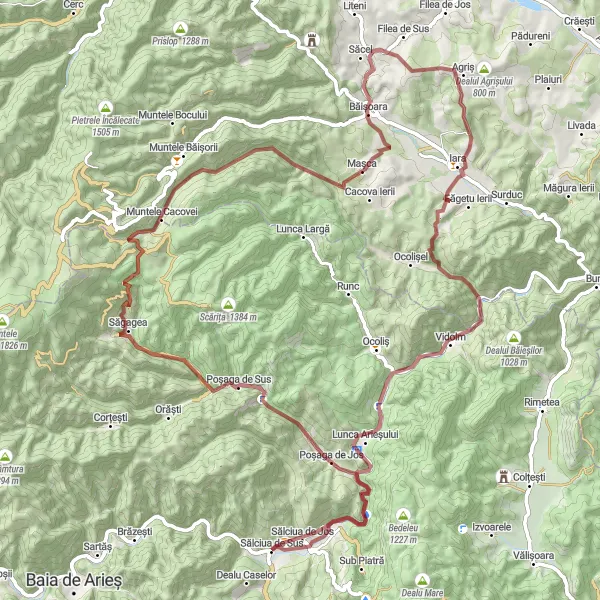 Map miniature of "Hidden Gems of Apuseni - Gravel Adventure" cycling inspiration in Centru, Romania. Generated by Tarmacs.app cycling route planner