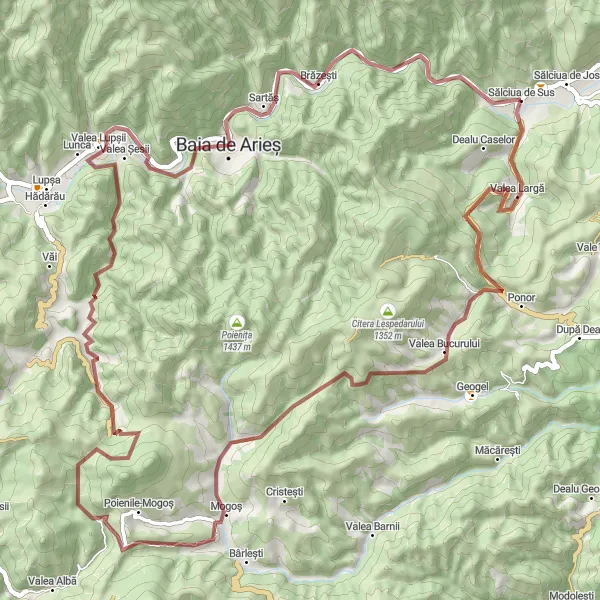 Map miniature of "Gravel Adventure in Apuseni Natural Park" cycling inspiration in Centru, Romania. Generated by Tarmacs.app cycling route planner