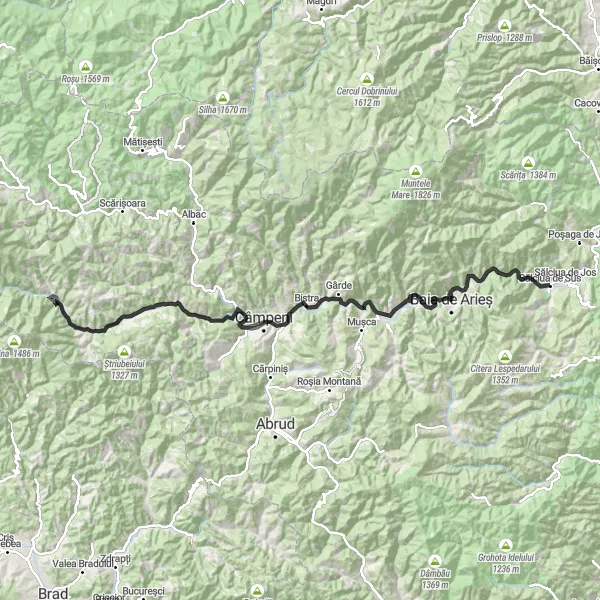 Map miniature of "Road Cycling Adventure through Apuseni National Park" cycling inspiration in Centru, Romania. Generated by Tarmacs.app cycling route planner