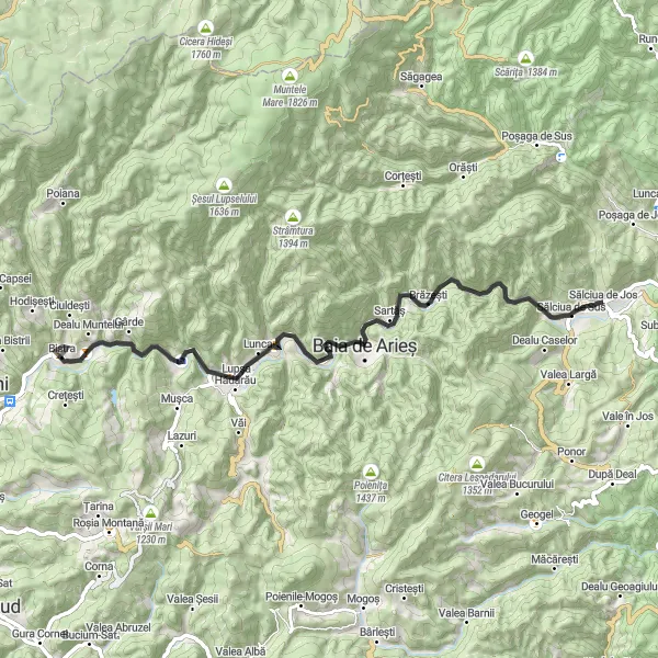 Map miniature of "Scenic Rides through the Apuseni Mountains" cycling inspiration in Centru, Romania. Generated by Tarmacs.app cycling route planner