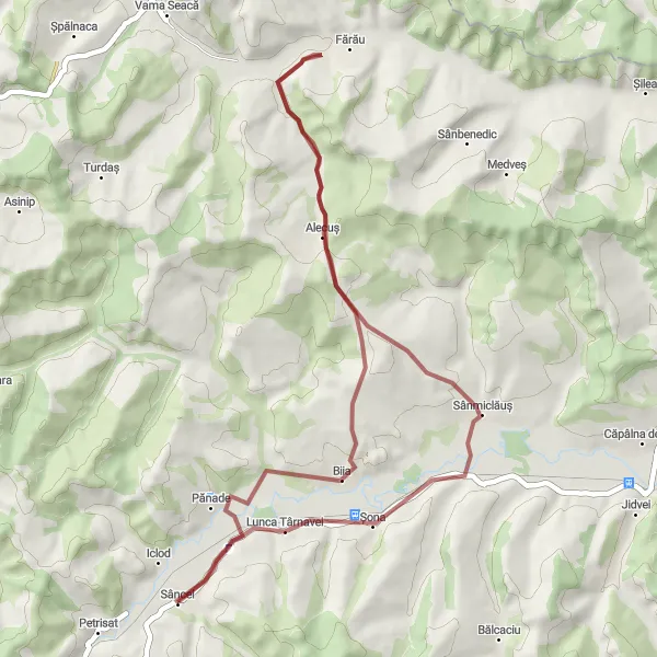 Map miniature of "Sâncel Gravel Loop via Biia and Lunca Târnavei" cycling inspiration in Centru, Romania. Generated by Tarmacs.app cycling route planner